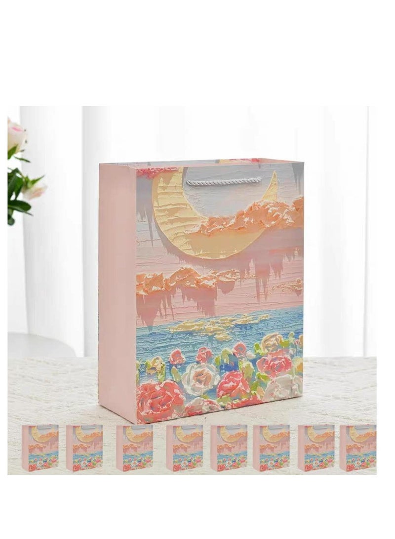 10 Pieces Luxury Ramadan Eid Gift Bags Foldable Reusable Paper Bags Creative 3D Oil Painting the Flowers under the Moon Pattern Thick White Cardboard - Image 1