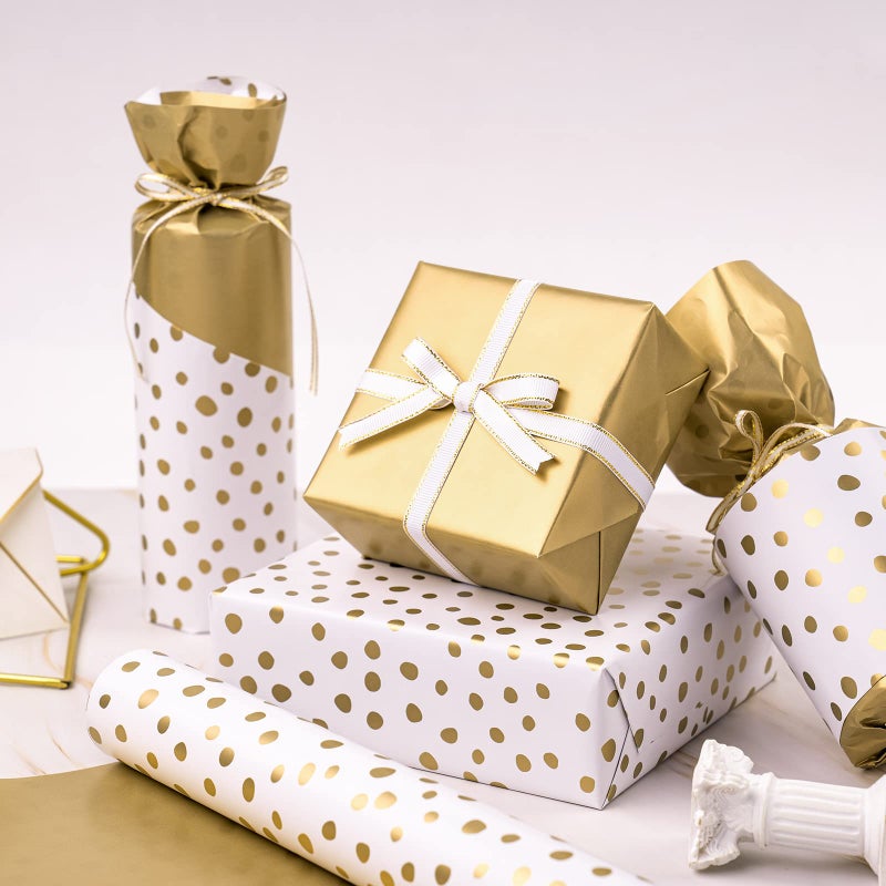 WRAPAHOLIC ورقة تغليف قابلة للعكس WRAPAHOLIC - لفة صغيرة - 17 بوصة × 33 قدم - تصميم طباعة ذهبية ونقاط بولكا رقيقة لعيد الميلاد، الزفاف، حفلة استقبال المولود - Image 4