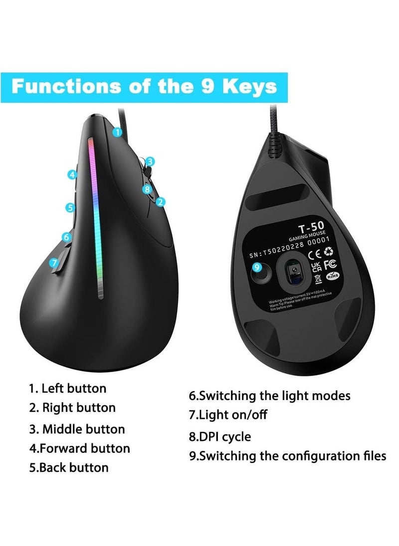Y&D - SYOSI Vertical Wired Mouse, Ergonomic Gaming Mouse with 9 Programmable Buttons and RGB Lights, 12800 Max Adjustable DPI for Gamer - Image 1