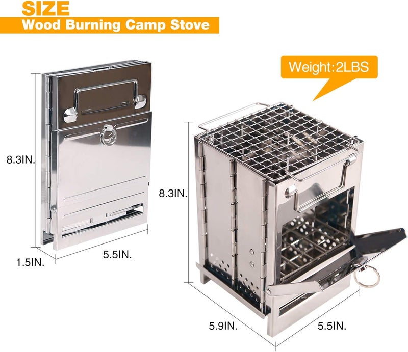 CAMPMAX Portable Folding Camping Wood Stove for Outdoor Cooking, Sturdy Lightweight 304 Stainless Steel Wood Burning Camp Stove with Grill for Backpacking BBQ Small/Large (Small) - Image 3