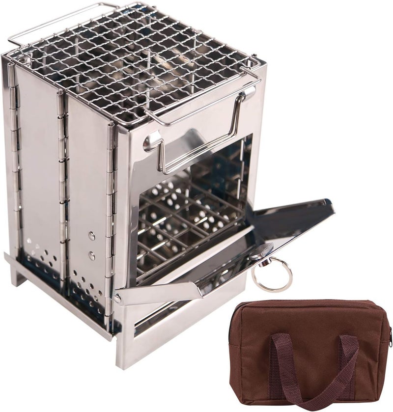 CAMPMAX Portable Folding Camping Wood Stove for Outdoor Cooking, Sturdy Lightweight 304 Stainless Steel Wood Burning Camp Stove with Grill for Backpacking BBQ Small/Large (Small) - Image 1