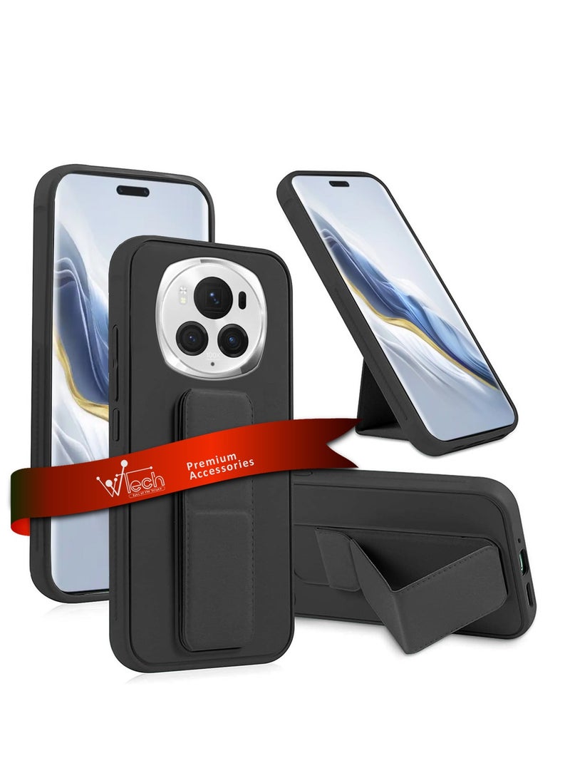 Wtech Hand Grip Foldable Magnetic Kickstand Wrist Strap Finger Grip With Built-In Iron Case Cover For Honor Magic6 Pro 5G 2024 Black - Image 1