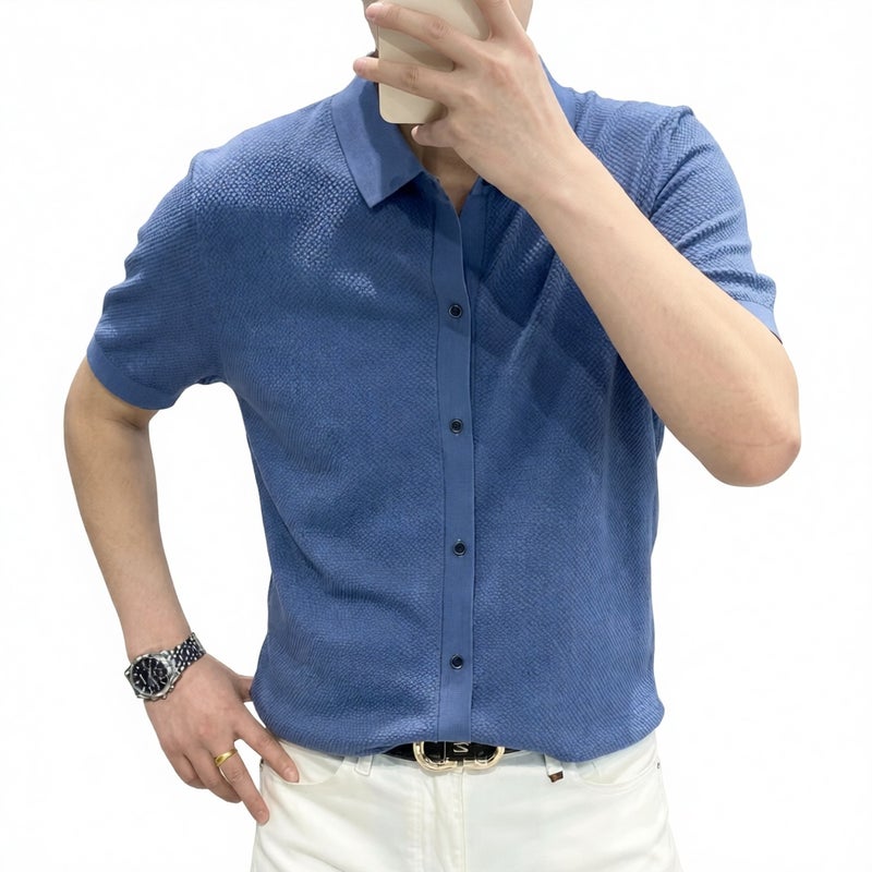 Men's Knitted Short Sleeve Polo Shirt with Lapel, Business Casual Breathable Top