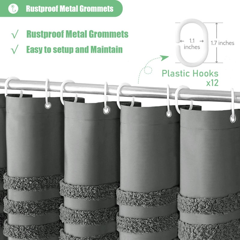 Dynamene ستارة دش دش طويلة دينامين - 72 × 78 بوصة معنقدة تشنيل مخططة بقطعة قماش طويلة القماش الستائر لديكور الحمام كبير فندق سبا ستارة دش مقاومة للماء مع ربط الفحم الرمادي - Image 4