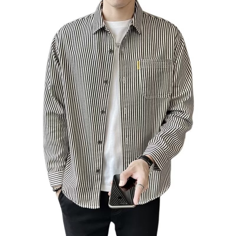 Striped shirt mens Korean fashion long sleeve 2023 new fashion brand casual spring and autumn Hong Kong style ruffian handsome shirt coat Blue - Image 2