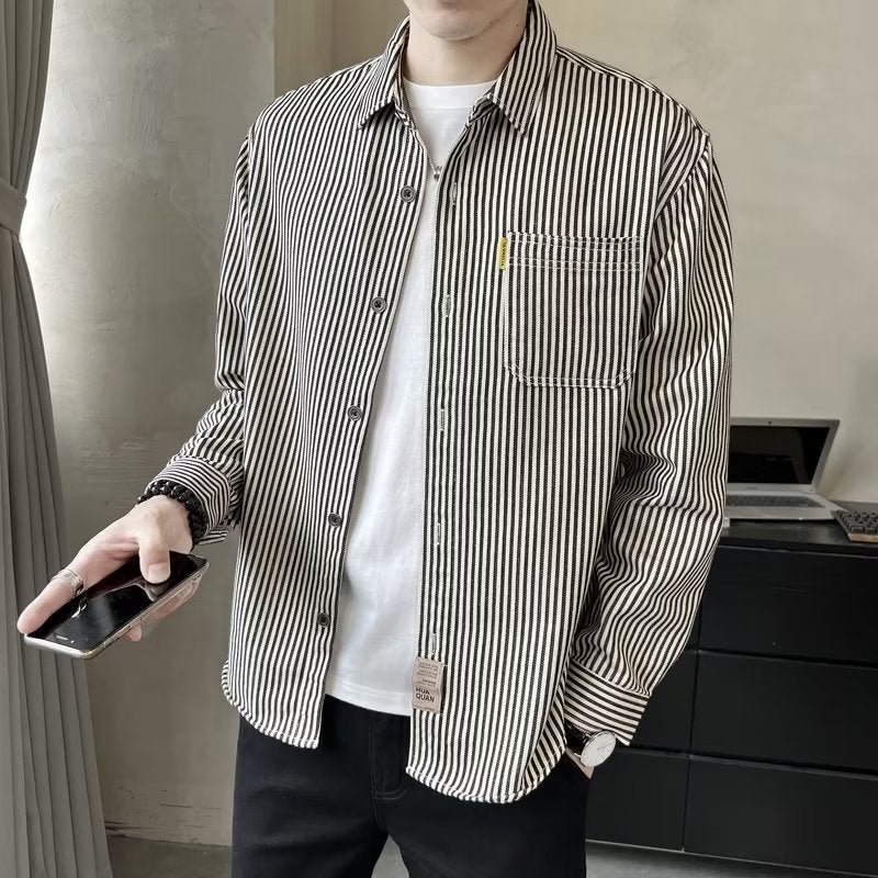 Striped shirt mens Korean fashion long sleeve 2023 new fashion brand casual spring and autumn Hong Kong style ruffian handsome shirt coat Blue - Image 3
