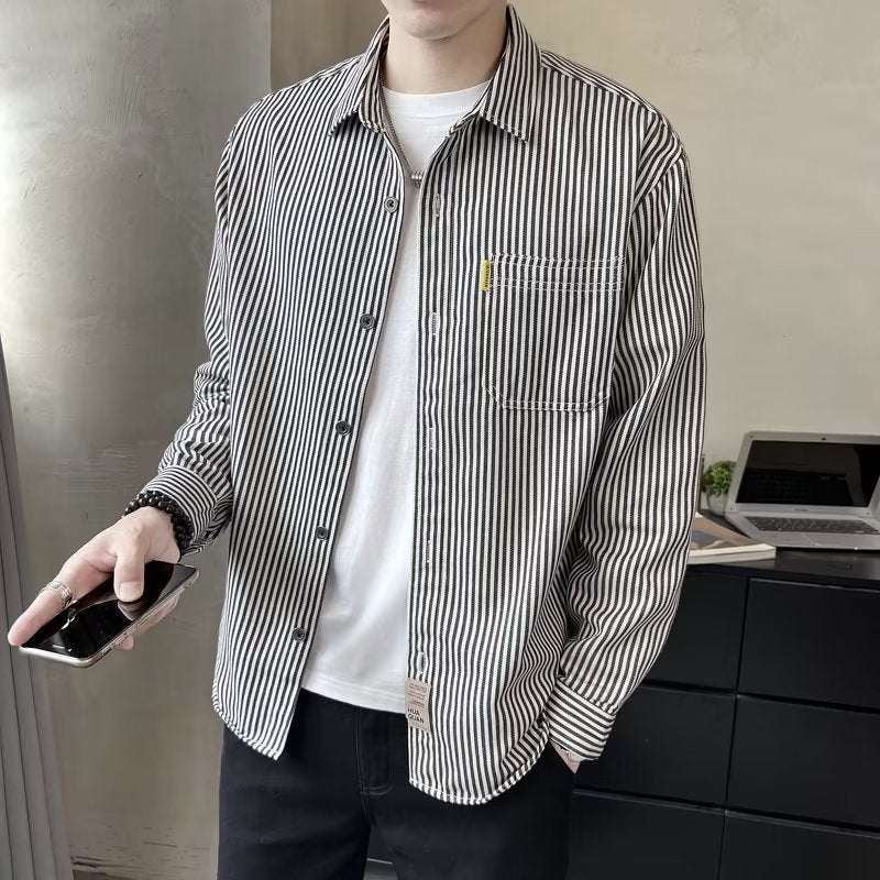 Striped shirt mens Korean fashion long sleeve 2023 new fashion brand casual spring and autumn Hong Kong style ruffian handsome shirt coat Blue - Image 5
