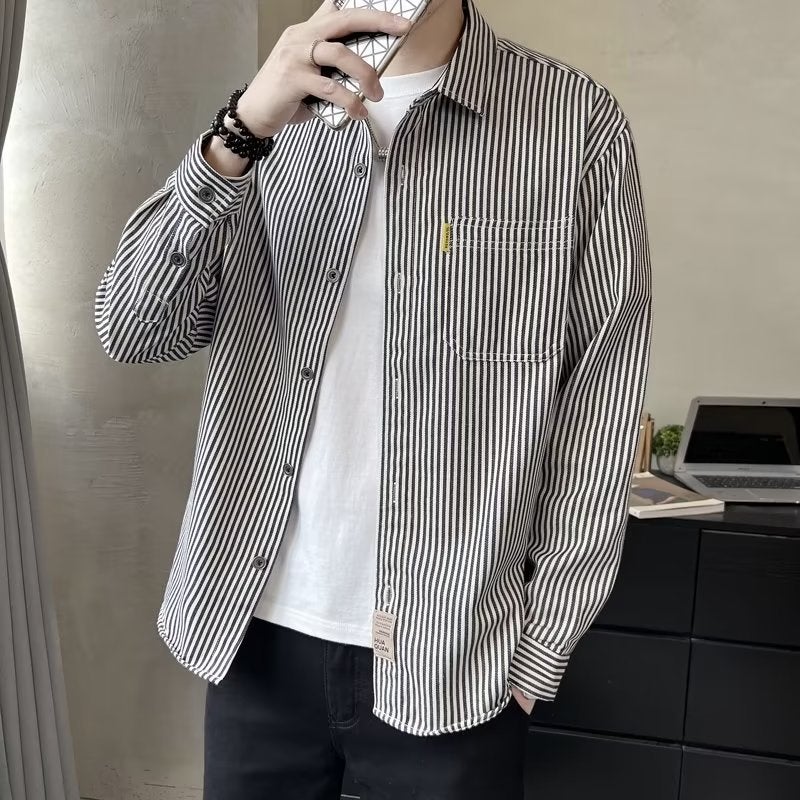 Striped shirt mens Korean fashion long sleeve 2023 new fashion brand casual spring and autumn Hong Kong style ruffian handsome shirt coat Blue - Image 4