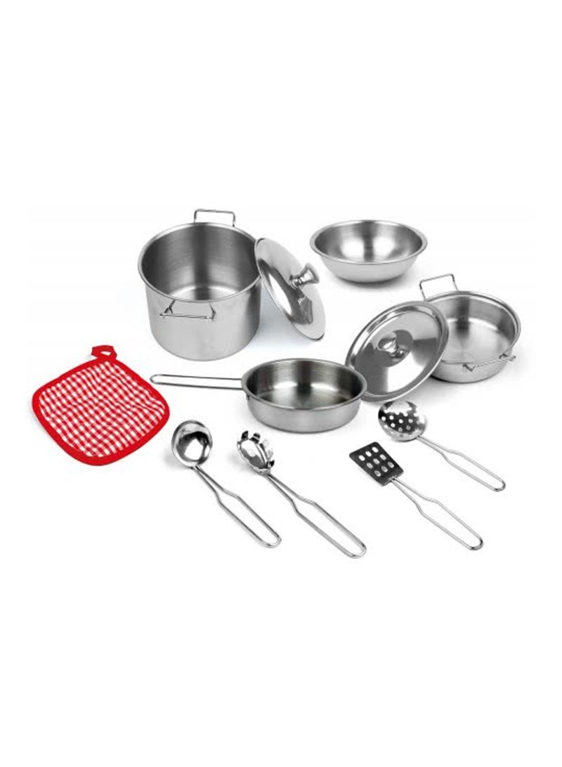 REZZOSS Stainless Steel Kitchen Toy Set for Kids – 9 Piece Realistic Metal Pots and Pans Playset | Pretend Play Cooking Utensils & Cookware Kit with Pot Holder | Montessori Chef Role Play Gift for Toddlers Boys & Girls 3+ - Image 2