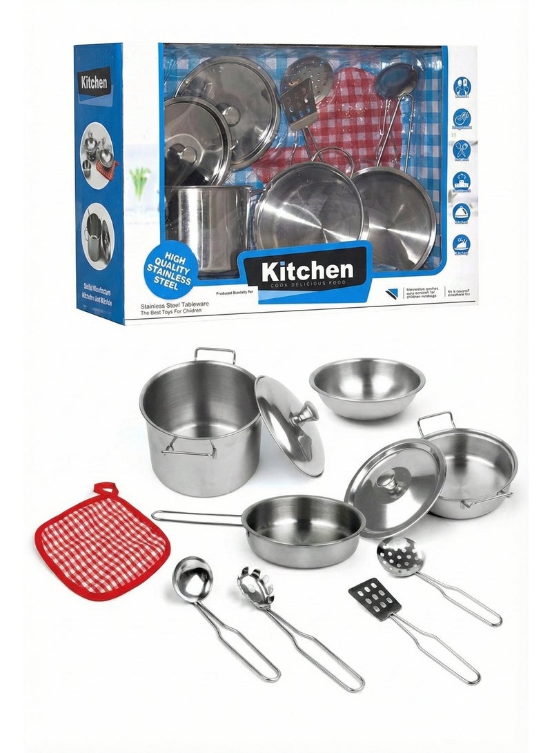 REZZOSS Stainless Steel Kitchen Toy Set for Kids – 9 Piece Realistic Metal Pots and Pans Playset | Pretend Play Cooking Utensils & Cookware Kit with Pot Holder | Montessori Chef Role Play Gift for Toddlers Boys & Girls 3+ - Image 1