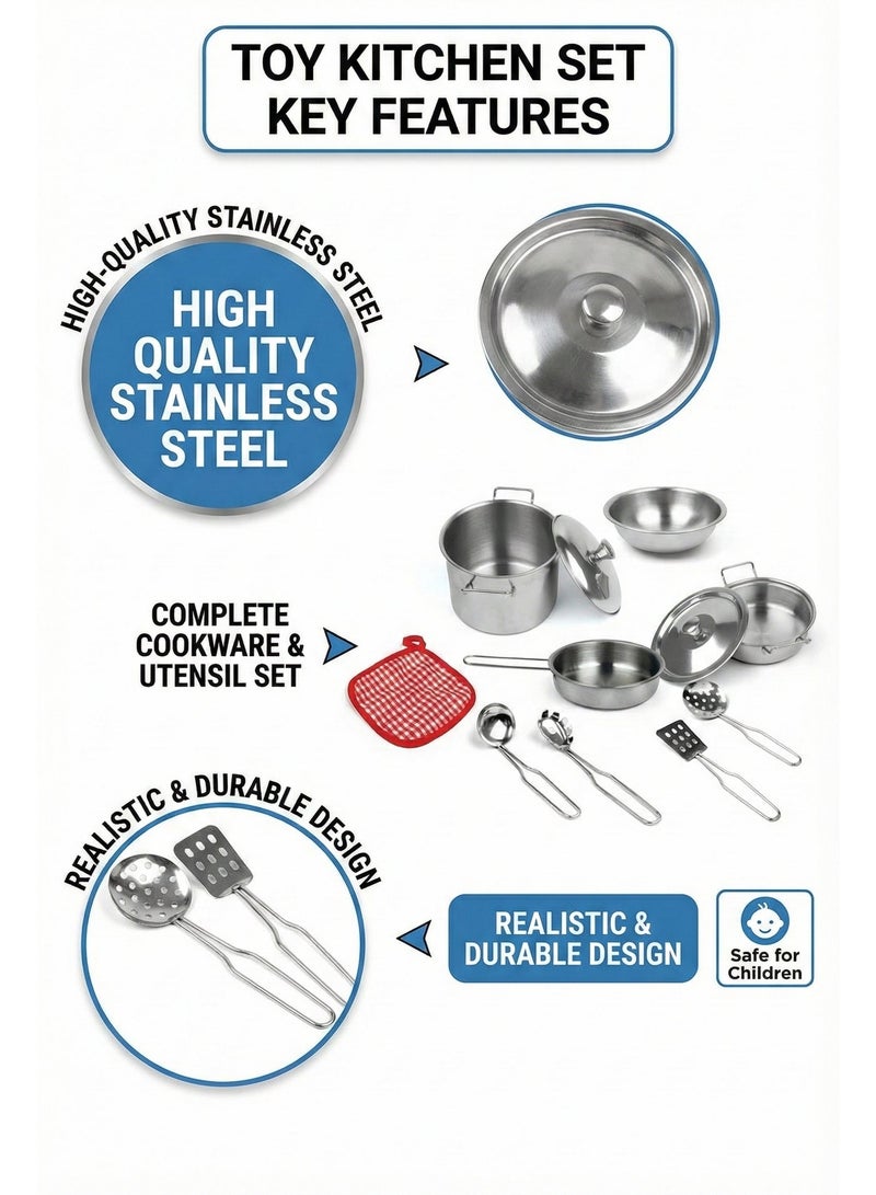 REZZOSS Stainless Steel Kitchen Toy Set for Kids – 9 Piece Realistic Metal Pots and Pans Playset | Pretend Play Cooking Utensils & Cookware Kit with Pot Holder | Montessori Chef Role Play Gift for Toddlers Boys & Girls 3+ - Image 3