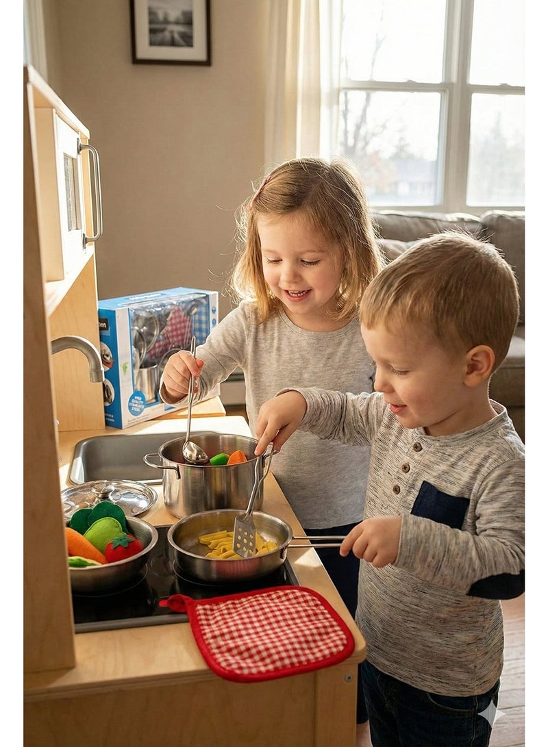 REZZOSS Stainless Steel Kitchen Toy Set for Kids – 9 Piece Realistic Metal Pots and Pans Playset | Pretend Play Cooking Utensils & Cookware Kit with Pot Holder | Montessori Chef Role Play Gift for Toddlers Boys & Girls 3+ - Image 5