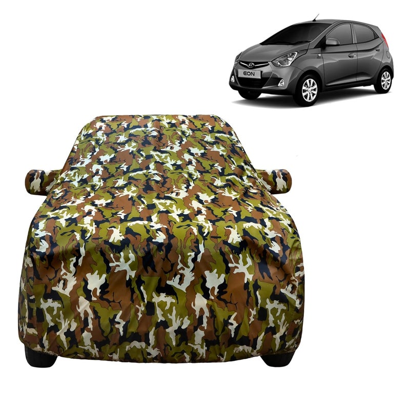 VYAS 100% Waterproof Car Body Cover for Hyundai Eon (2011-2019) with Mirror Pocket Triple Stitched Belt & Buckle Fitting Dual Elastic, Durable Material Jungle Print Camouflage Design - Image 1