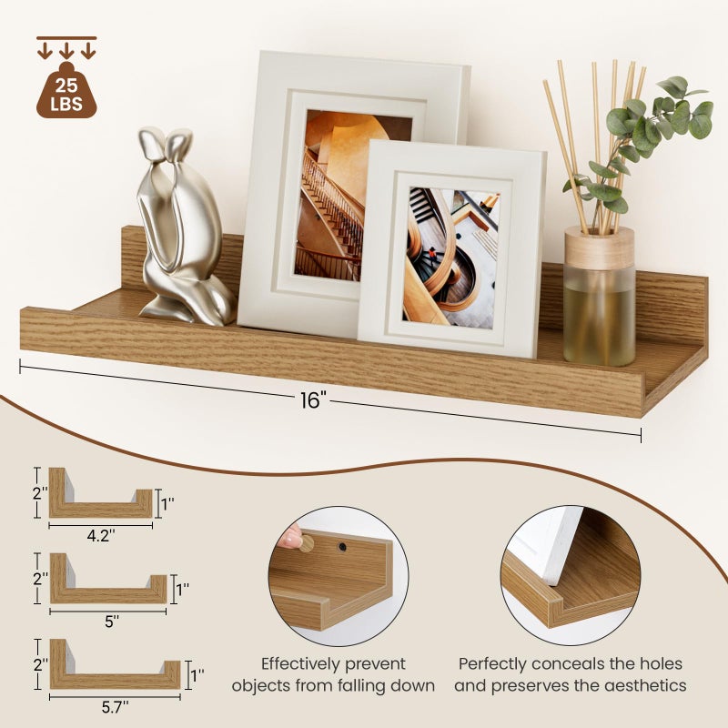 Heimlove 16 Inch Picture Ledge Shelf with Lip Set of 8,Oak Floating Shelves for Wall,Wall Shelves in Varying Depths for Living Room Bedroom Bookshelf Photo Frames Nursery Book Shelves for Storage - Image 3