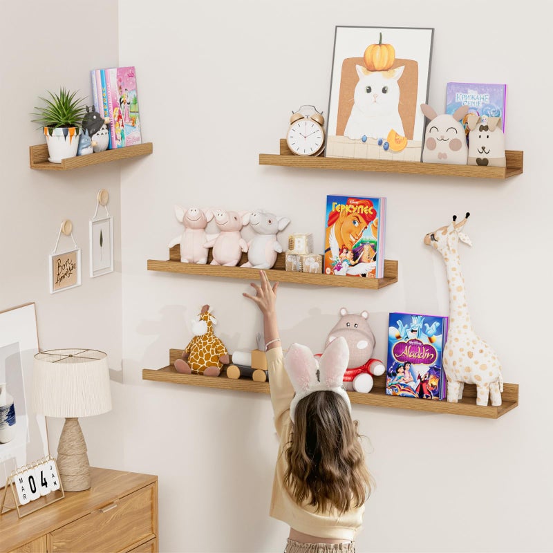 Heimlove 16 Inch Picture Ledge Shelf with Lip Set of 8,Oak Floating Shelves for Wall,Wall Shelves in Varying Depths for Living Room Bedroom Bookshelf Photo Frames Nursery Book Shelves for Storage - Image 5