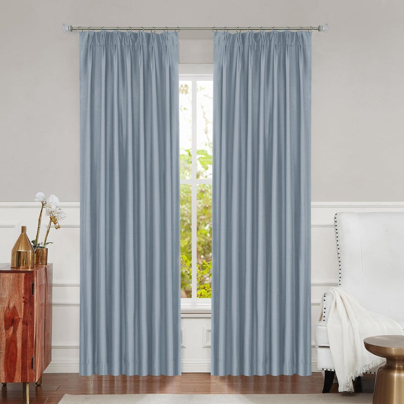Light Blue Pinch Pleat Blackout Curtain 108 Inches Long for Bedroom Living Room Thermal Insulated Luxury Silk Panel with Full Blackout Liner Backtab Drapes with 9 Hooks Ring not Include 40x108x2