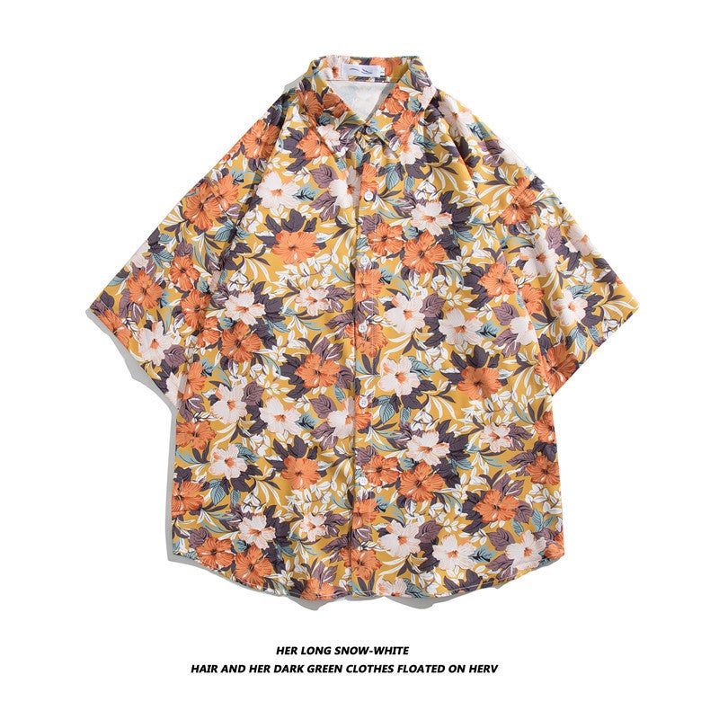 Generic New Mens Beach Shirt Surfing Seaside Short-sleeved Floral Shirt Coconut Tree Seaside Hawaiian Loose Printed Shirt 2140yellow
