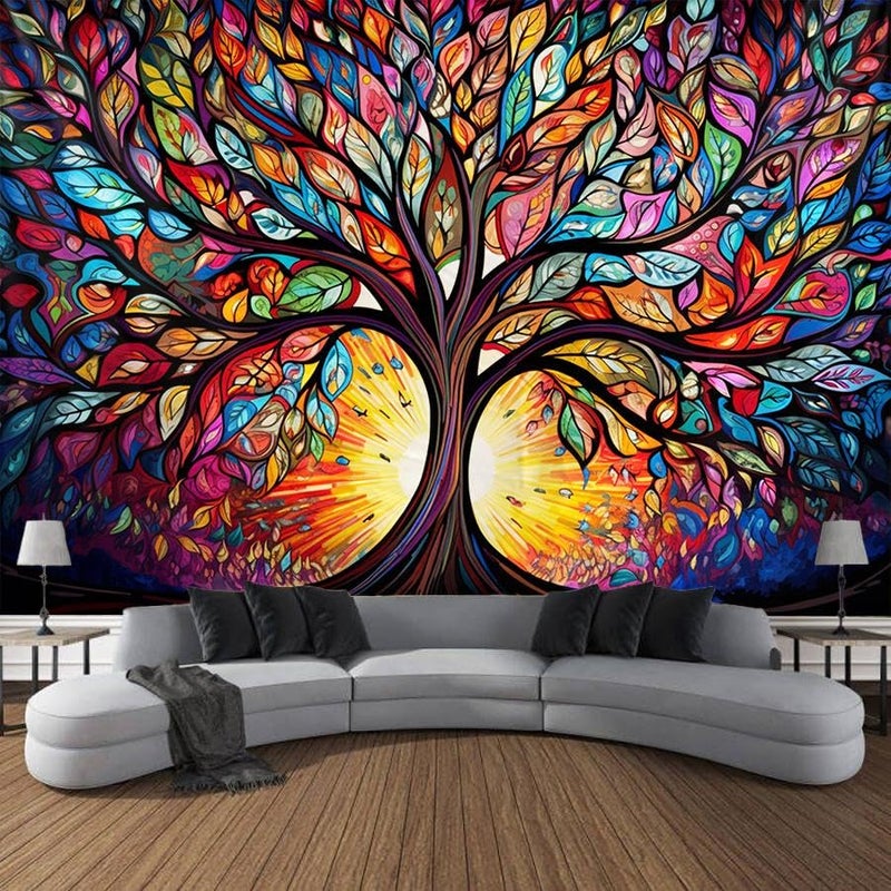 Tree of Life Wall Hanging Decor Tapestry with Stained Glass Colorful Wall Art Large Tapestry Mural Decor Photograph Backdrop Blanket Curtain Home Bedroom Living Room Decoration
