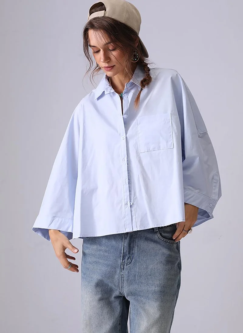 يونيكي Light Blue Spread Collar Kimono Sleeves Relaxed Fit Shirt