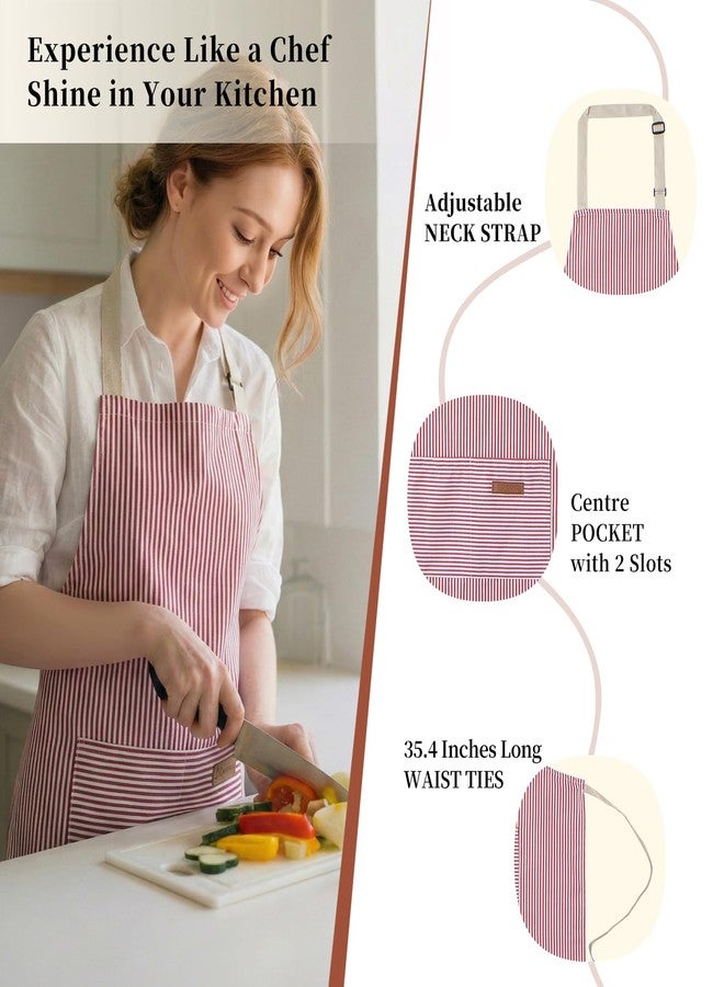 ARBINSON 2 Pack Cooking Aprons Adjustable Bib Apron for Women with 2 Pockets, Kitchen Restaurant Men Chefs Aprons (Pink/Beige Stripes) - Image 2