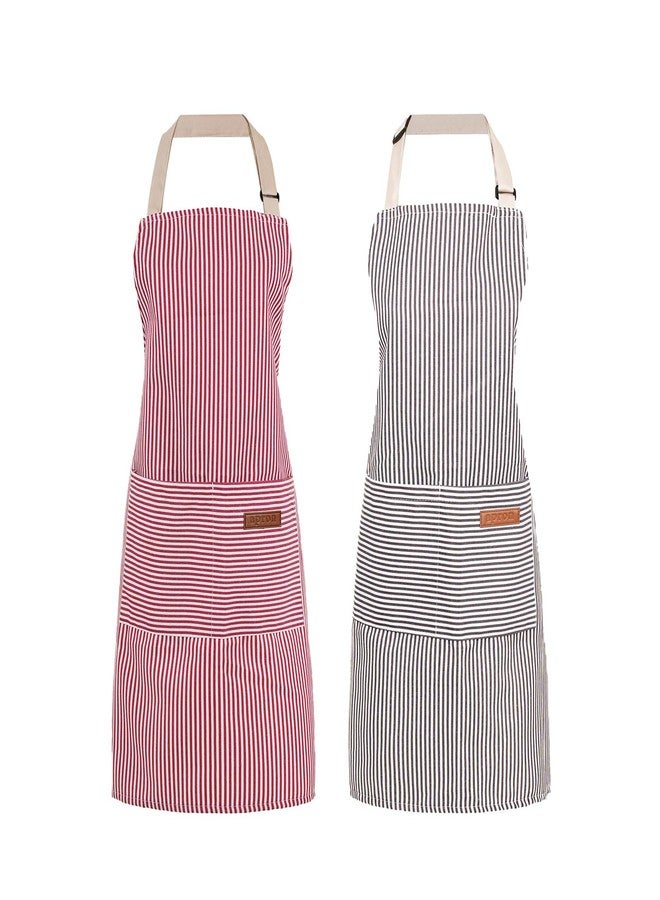 ARBINSON 2 Pack Cooking Aprons Adjustable Bib Apron for Women with 2 Pockets, Kitchen Restaurant Men Chefs Aprons (Pink/Beige Stripes) - Image 1