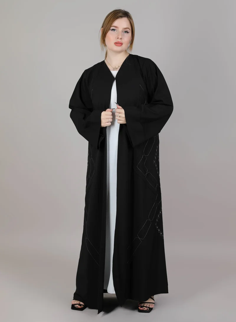MSquare Fashion Black Open Abaya With Thread Work