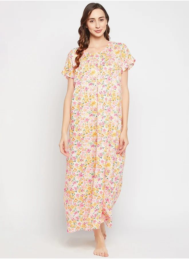 كلوفيا Clovia Pretty Florals Long Night Dress in White - Rayon