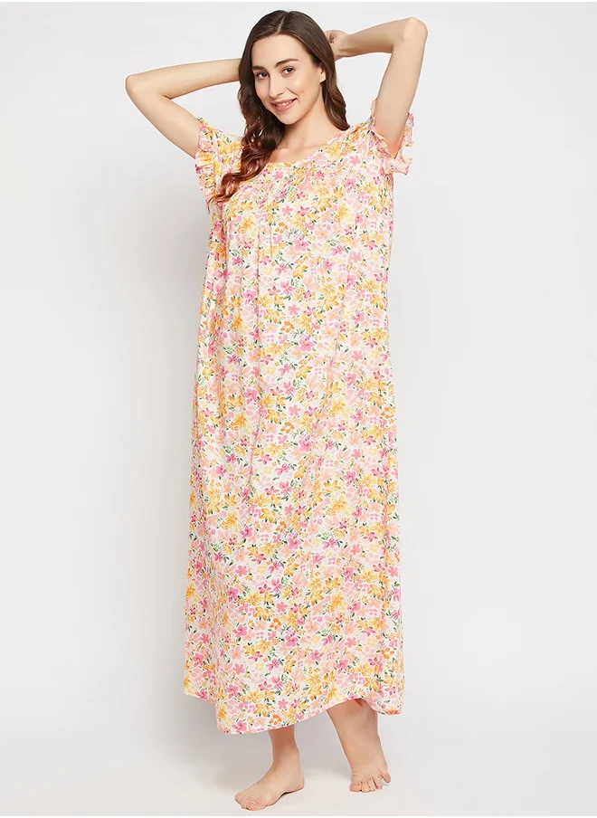 كلوفيا Clovia Pretty Florals Long Night Dress in White - Rayon