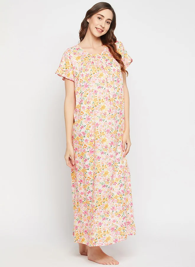 Clovia Clovia Pretty Florals Long Night Dress in White - Rayon