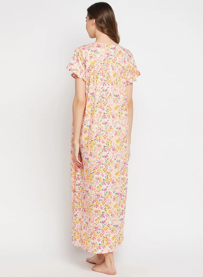 Clovia Clovia Pretty Florals Long Night Dress in White - Rayon