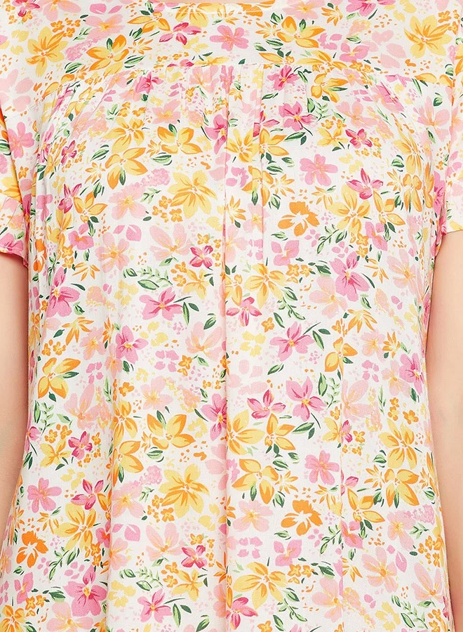 Clovia Clovia Pretty Florals Long Night Dress in White - Rayon