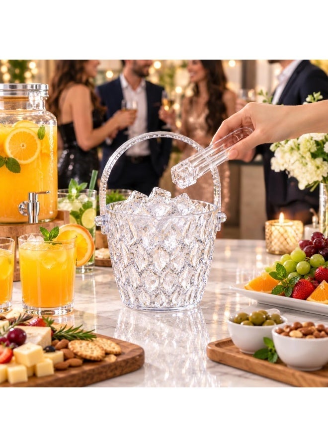 Clear Woven-Texture Ice Bucket with Tong & Carrying Handle Tabletop Cooler for Parties & Home Dining - Image 2