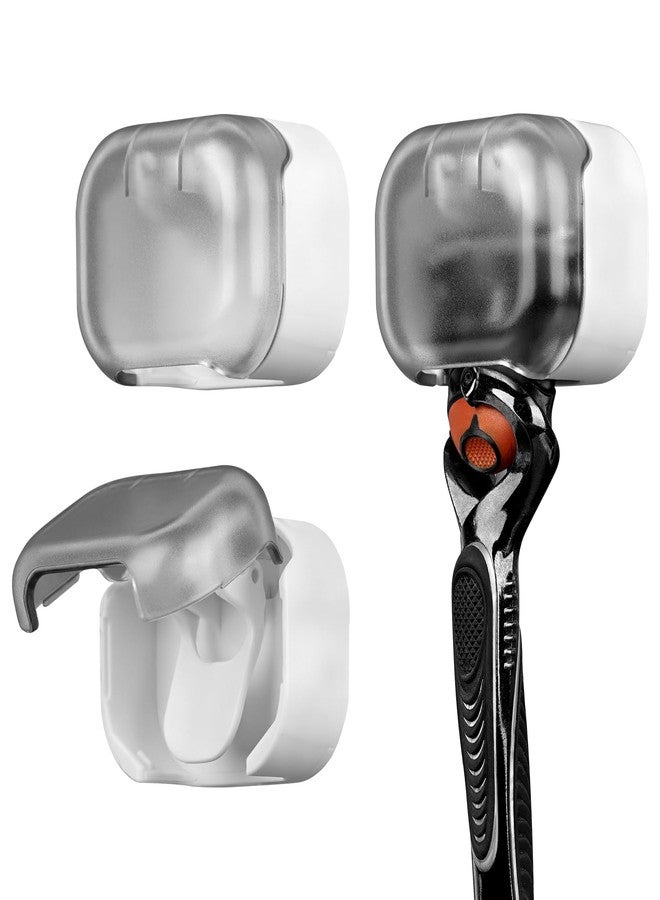 LUEXBOX 2 Pack Razor Holder with Cover for Shower Wall, Self Adhesive Razor Stand Shaver Organizer, Plastic Razor Hanger Hooks Compatible with Fusion 5 Proglide, Mach 3 Classic (Gray Clear) - Image 1