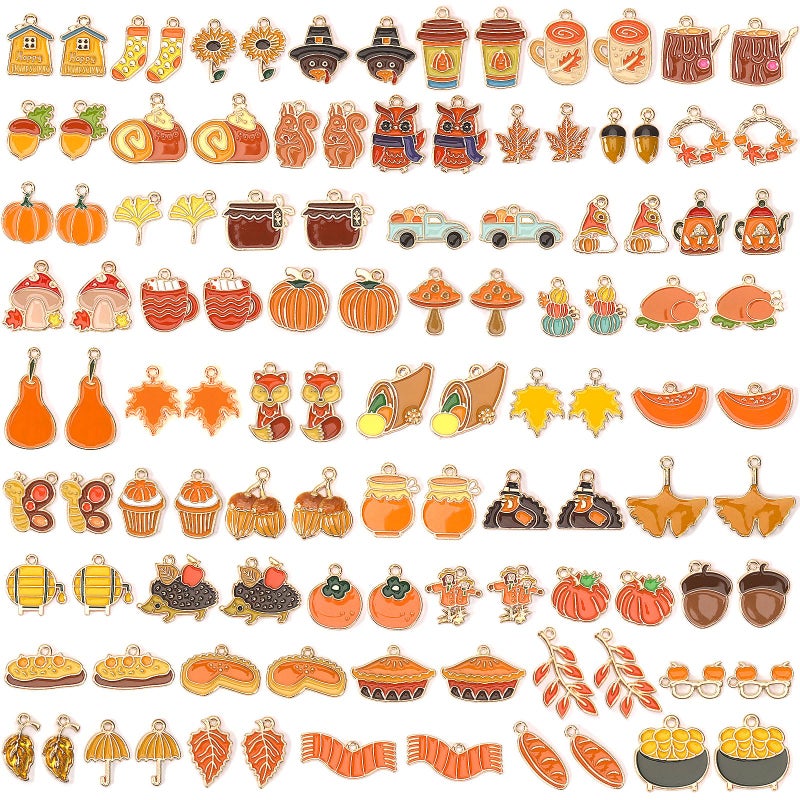 SANNIX 110Pcs55 Pairs Fall Charms Thanksgiving Charms for Jewelry Making Bulk Autumn Thanksgiving Pumpkin Maple Leaf Turkey Enamel Charm Pendants for DIY Bracelet Necklaces Earrings Craft - Image 3
