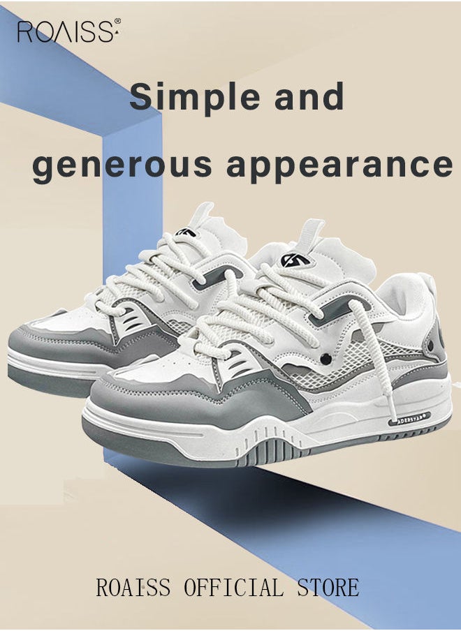 roaiss New Men Lace up Colorblock Sneakers Trendy Casual Lightweight Bread Shoes Men's Outdoor Sport Comfy Walking Shoes for Young Men Teenagers Spring and Summer White Grey  - Image 4
