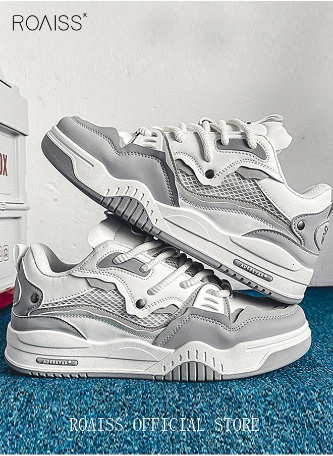 roaiss New Men Lace up Colorblock Sneakers Trendy Casual Lightweight Bread Shoes Men's Outdoor Sport Comfy Walking Shoes for Young Men Teenagers Spring and Summer White Grey  - Image 2