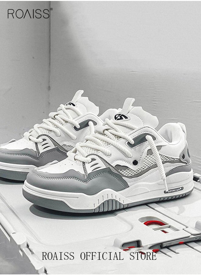 roaiss New Men Lace up Colorblock Sneakers Trendy Casual Lightweight Bread Shoes Men's Outdoor Sport Comfy Walking Shoes for Young Men Teenagers Spring and Summer White Grey  - Image 3