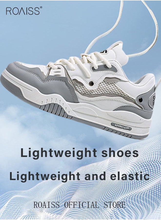 roaiss New Men Lace up Colorblock Sneakers Trendy Casual Lightweight Bread Shoes Men's Outdoor Sport Comfy Walking Shoes for Young Men Teenagers Spring and Summer White Grey  - Image 5