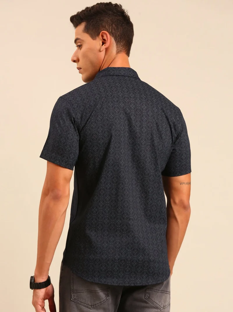 Joven Navy Blue Printed Cotton Shirt for Men