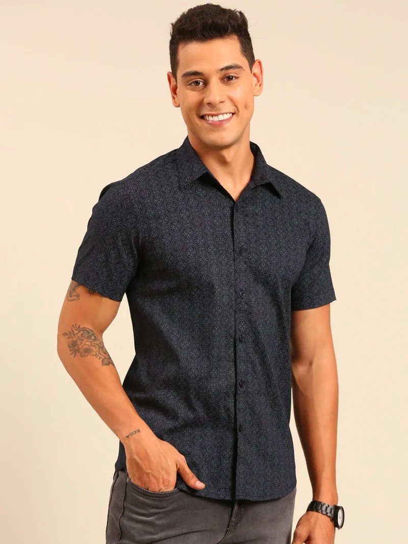 Joven  Navy Blue Printed Cotton Shirt for Men for Men | Best Price UAE