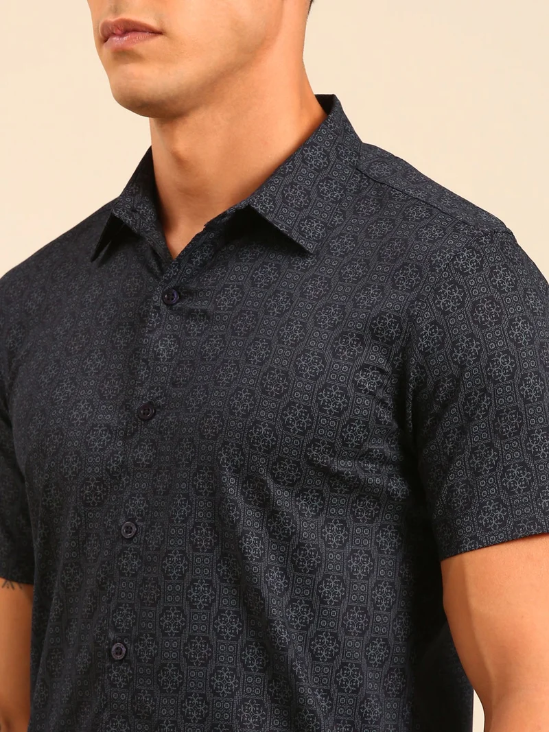 Joven  Navy Blue Printed Cotton Shirt for Men for Men | Best Price UAE