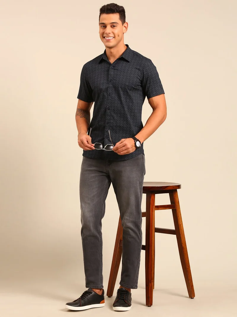 Joven  Navy Blue Printed Cotton Shirt for Men for Men | Best Price UAE