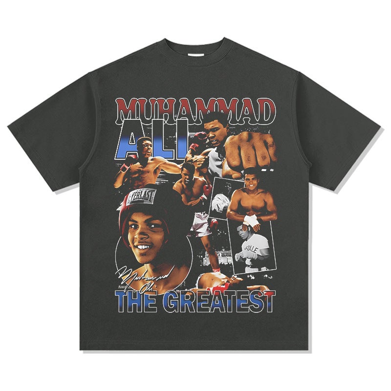 Cross-border American MuhammadAli Muhammad Ali Printed Short-sleeved T-shirt Heavy Long-sleeved Crewneck Hooded Sweatshirt Charcoal Short Sleeve