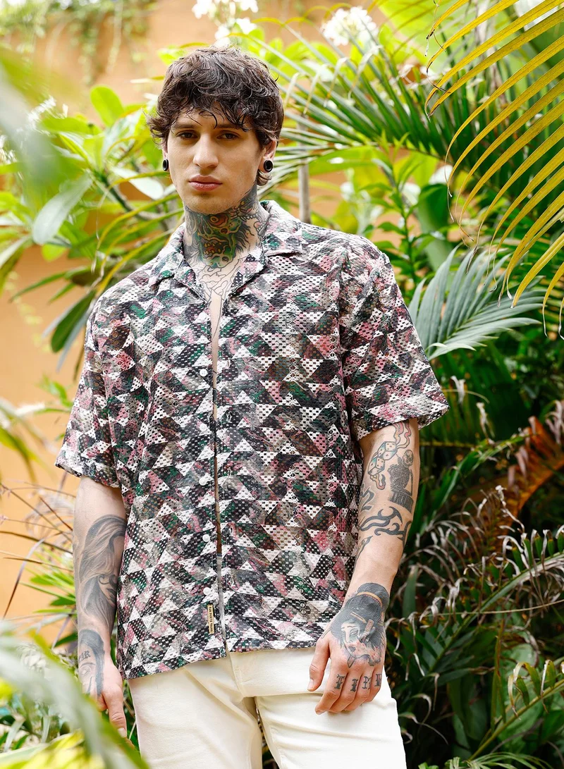 كامبوس سوترا Campus Sutra Men Overlap-Imprint Crochet Oversized Shirt | Cuban Collar Short Sleeves | Button Closure Straight Hem | Geometric Print Crochet | Woven Fabric For Casual & Vacation Wear | White & Green