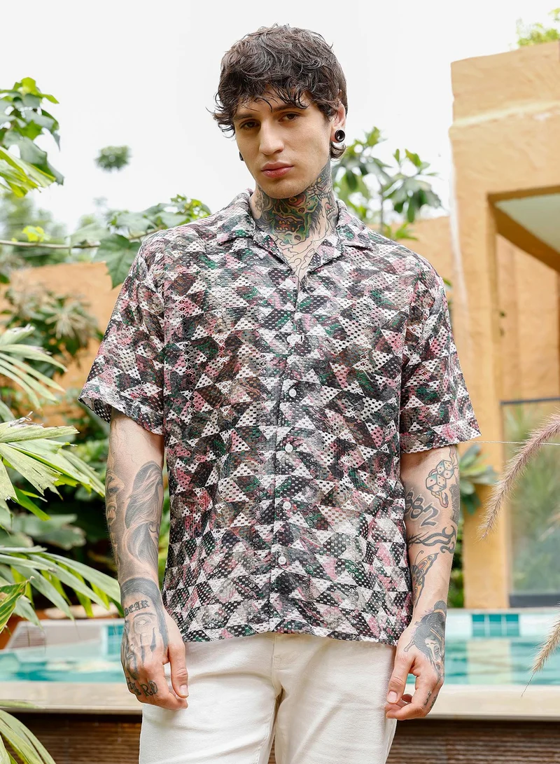 كامبوس سوترا Campus Sutra Men Overlap-Imprint Crochet Oversized Shirt | Cuban Collar Short Sleeves | Button Closure Straight Hem | Geometric Print Crochet | Woven Fabric For Casual & Vacation Wear | White & Green