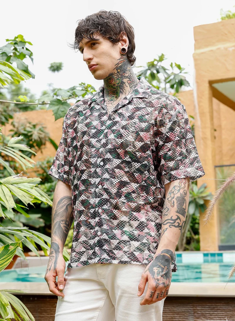 Campus Sutra Campus Sutra Men Overlap-Imprint Crochet Oversized Shirt | Cuban Collar Short Sleeves | Button Closure Straight Hem | Geometric Print Crochet | Woven Fabric For Casual & Vacation Wear | White & Green