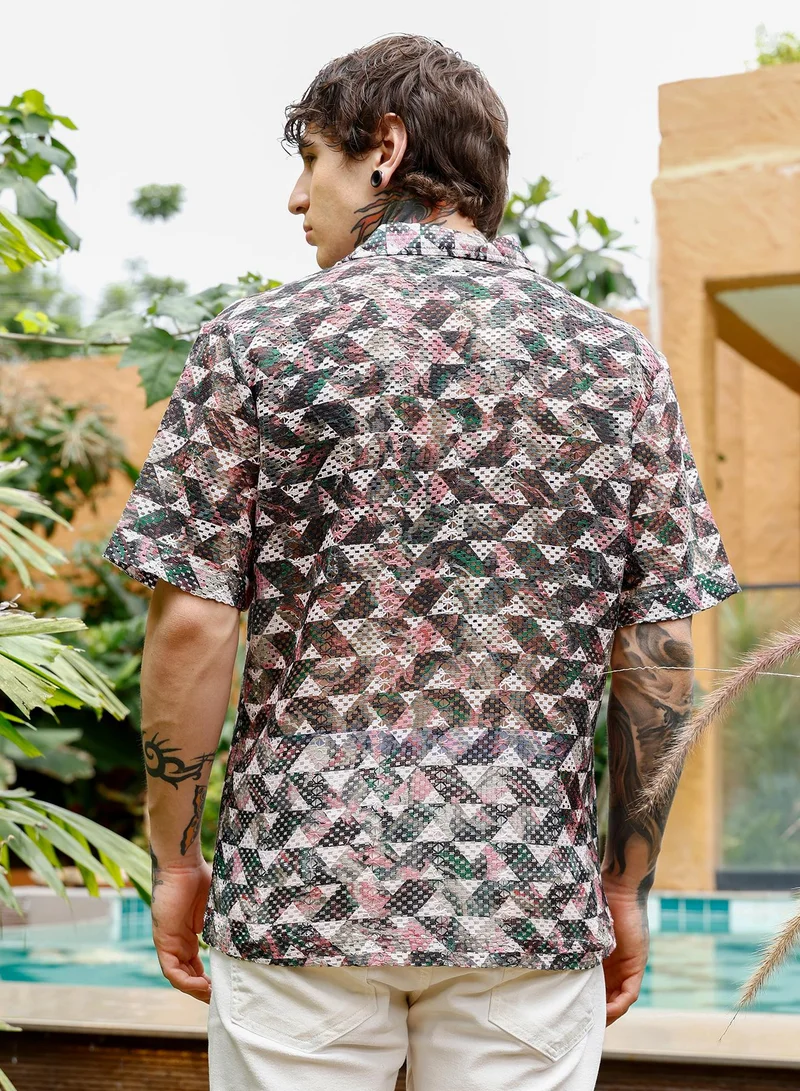 Campus Sutra Campus Sutra Men Overlap-Imprint Crochet Oversized Shirt | Cuban Collar Short Sleeves | Button Closure Straight Hem | Geometric Print Crochet | Woven Fabric For Casual & Vacation Wear | White & Green