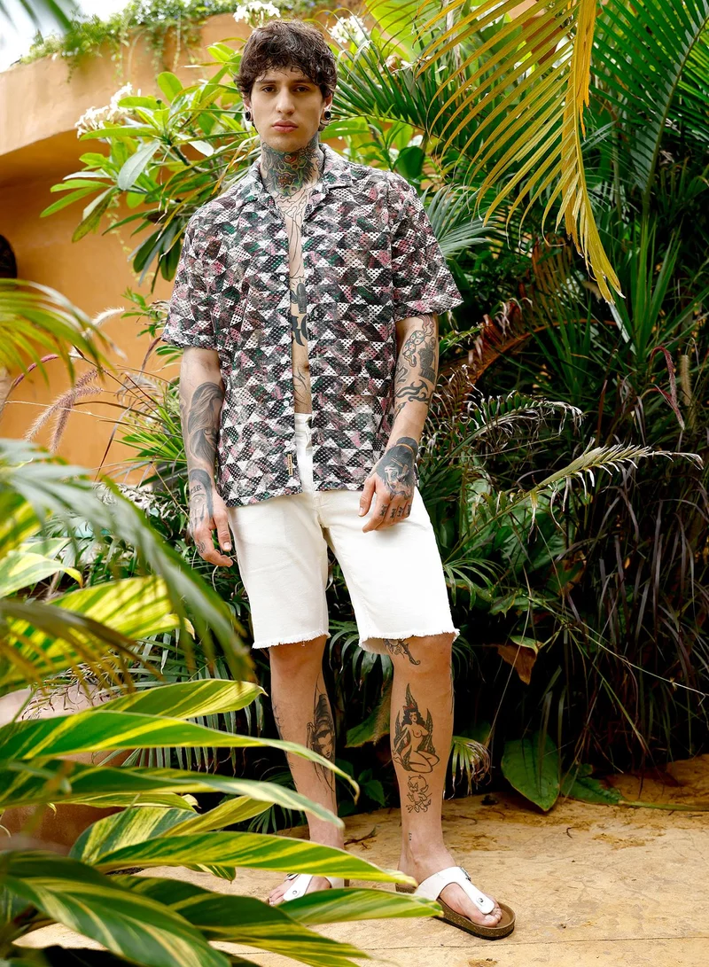Campus Sutra Campus Sutra Men Overlap-Imprint Crochet Oversized Shirt | Cuban Collar Short Sleeves | Button Closure Straight Hem | Geometric Print Crochet | Woven Fabric For Casual & Vacation Wear | White & Green