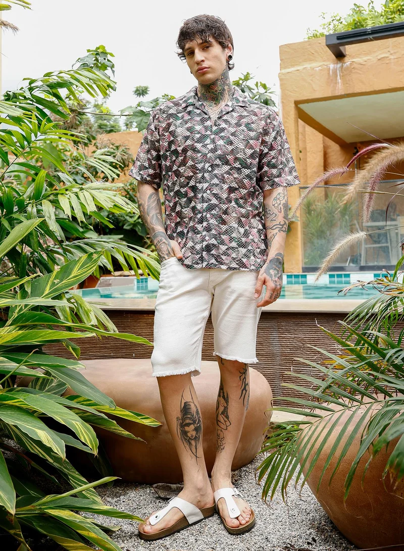 Campus Sutra Campus Sutra Men Overlap-Imprint Crochet Oversized Shirt | Cuban Collar Short Sleeves | Button Closure Straight Hem | Geometric Print Crochet | Woven Fabric For Casual & Vacation Wear | White & Green