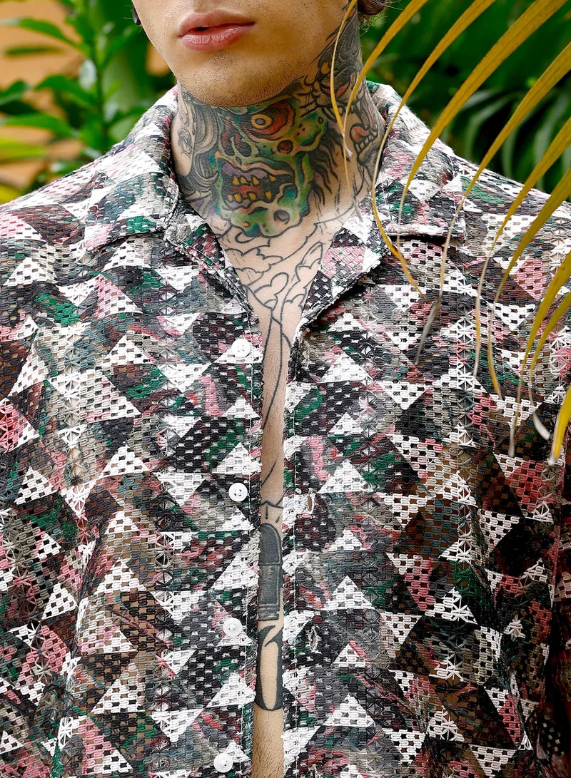 Campus Sutra Campus Sutra Men Overlap-Imprint Crochet Oversized Shirt | Cuban Collar Short Sleeves | Button Closure Straight Hem | Geometric Print Crochet | Woven Fabric For Casual & Vacation Wear | White & Green